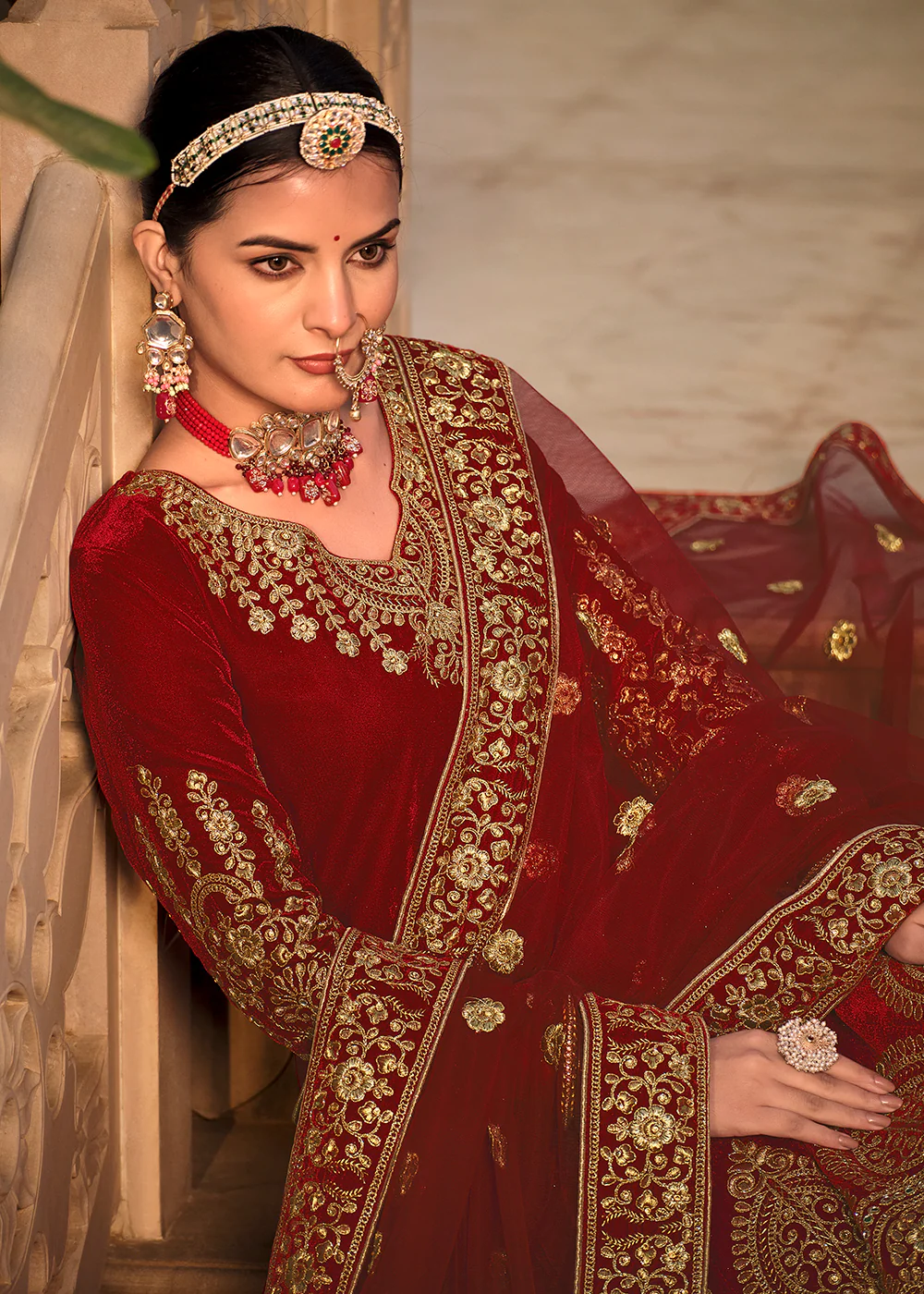 Maroon Velvet Front & Back Embroidery Wedding Anarkali Suit - Image 4