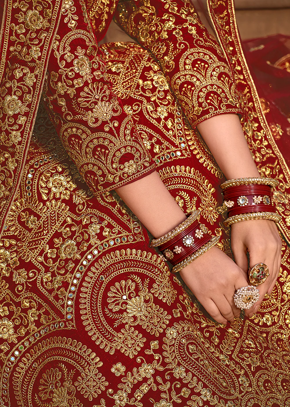 Maroon Velvet Front & Back Embroidery Wedding Anarkali Suit - Image 5