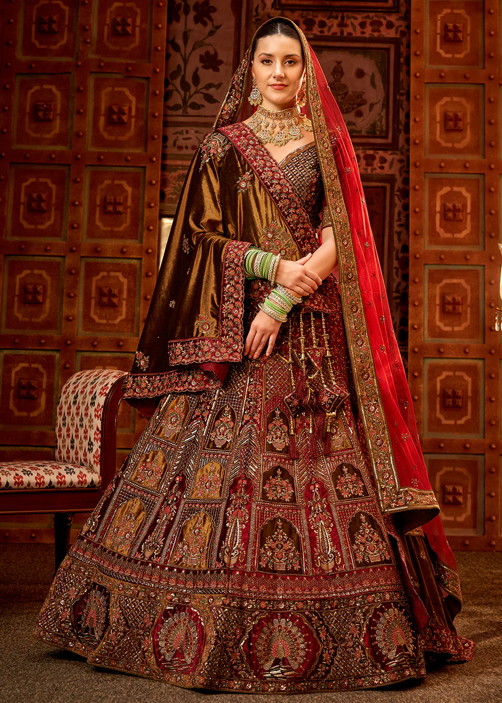 Maroon Velvet Hand Embroidered Bridal Lehenga Choli