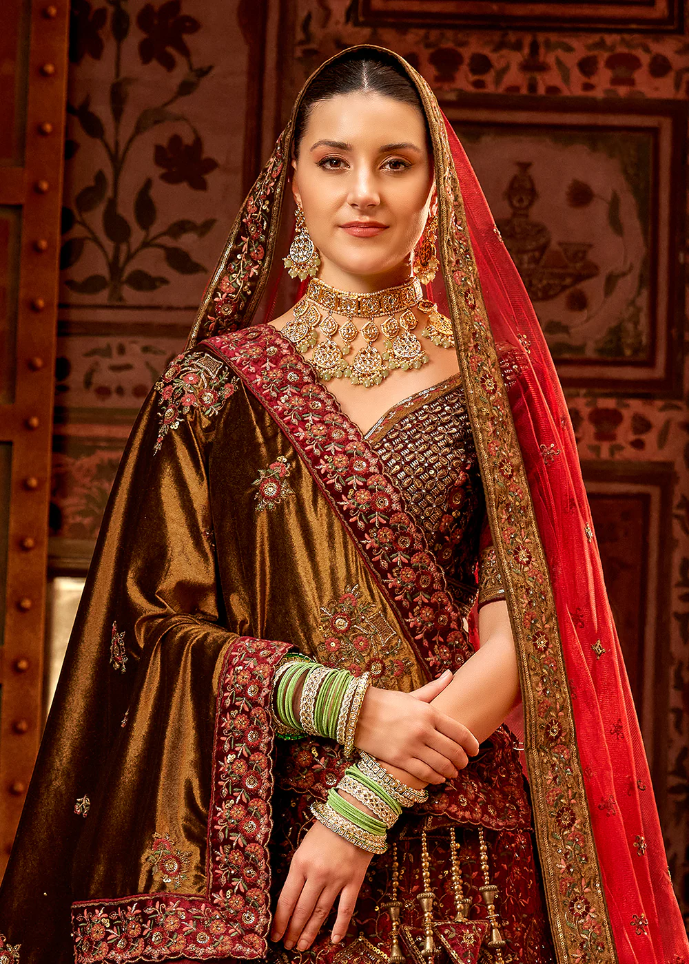Maroon Velvet Hand Embroidered Bridal Lehenga Choli - Image 2
