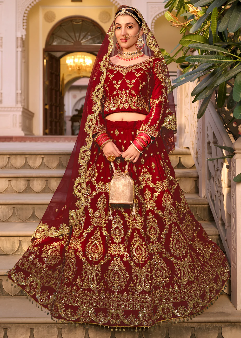 Maroon Velvet Heavy Embroidered A Line Lehenga Choli - Image 3