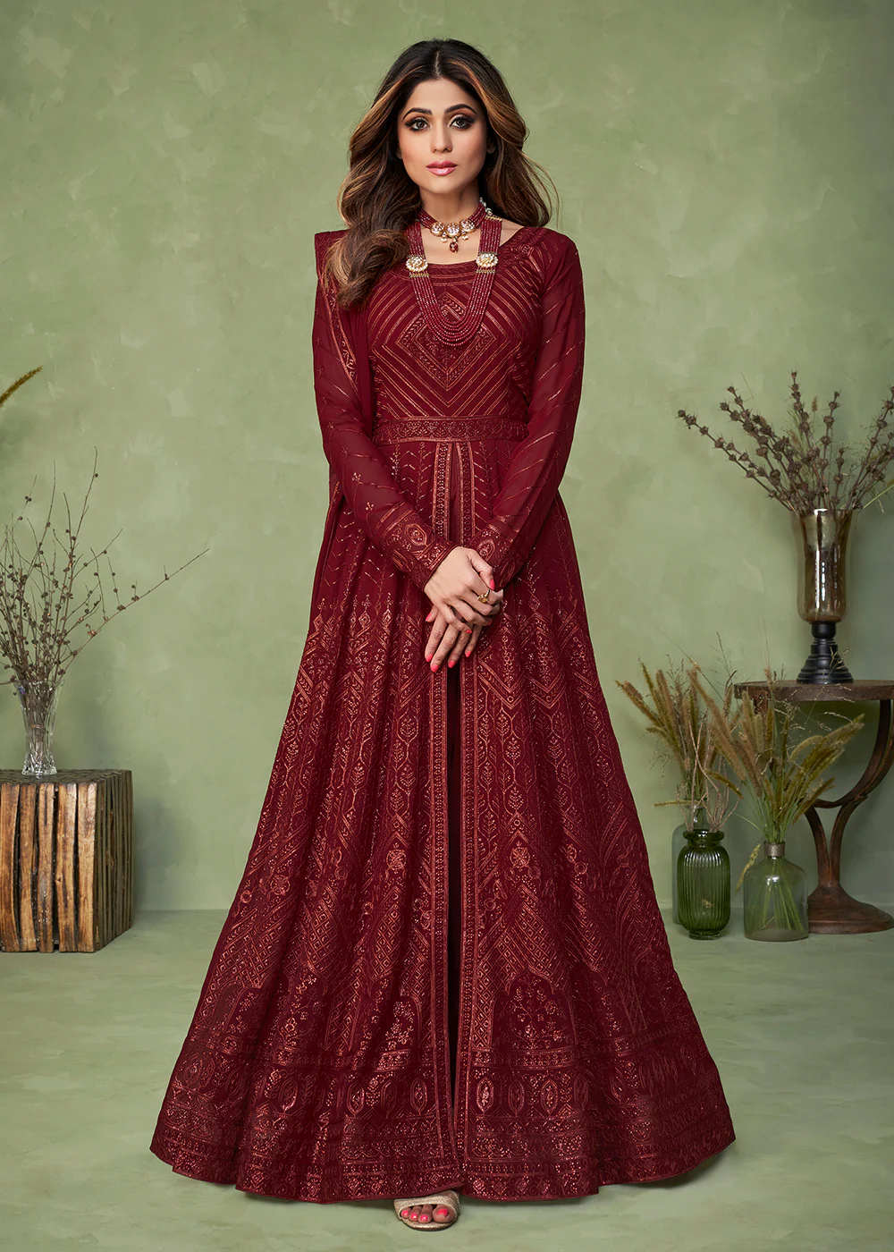 Maroon Wedding Party Wear Shamita Shetty Anarkali