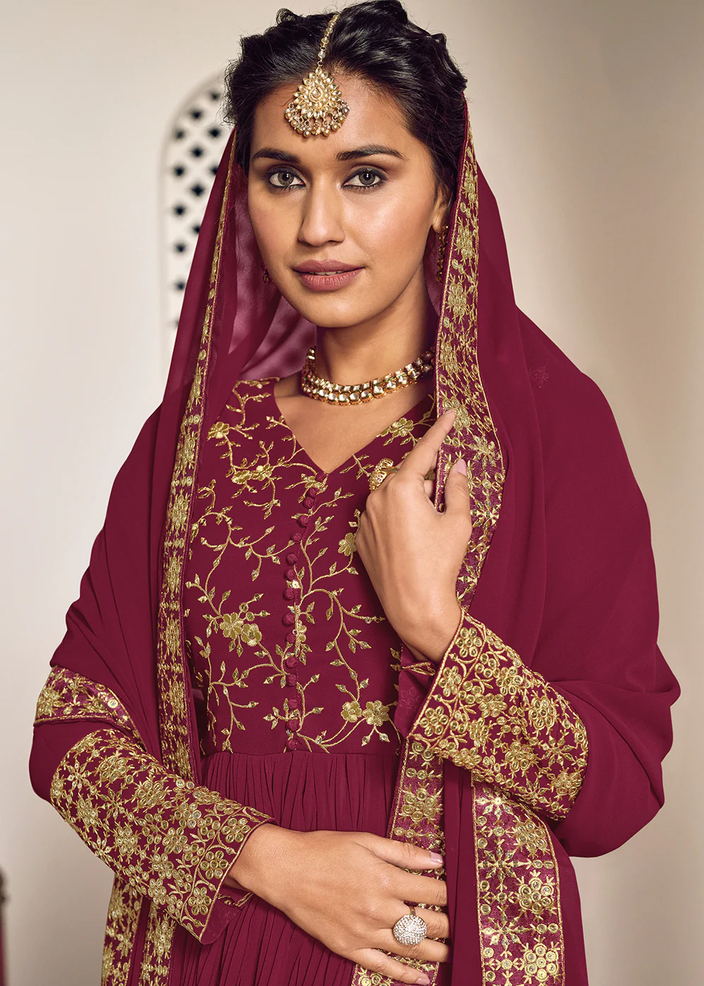 Maroon Wine and Gold Embroidered Designer Sharara Suit - Image 2
