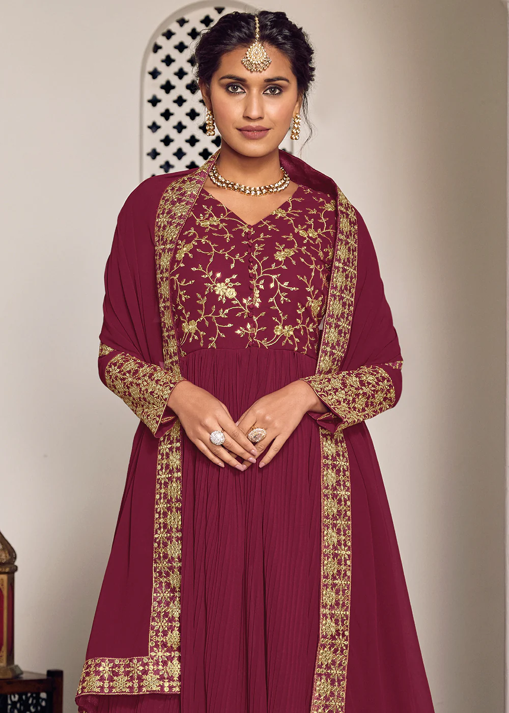 Maroon Wine and Gold Embroidered Designer Sharara Suit - Image 3