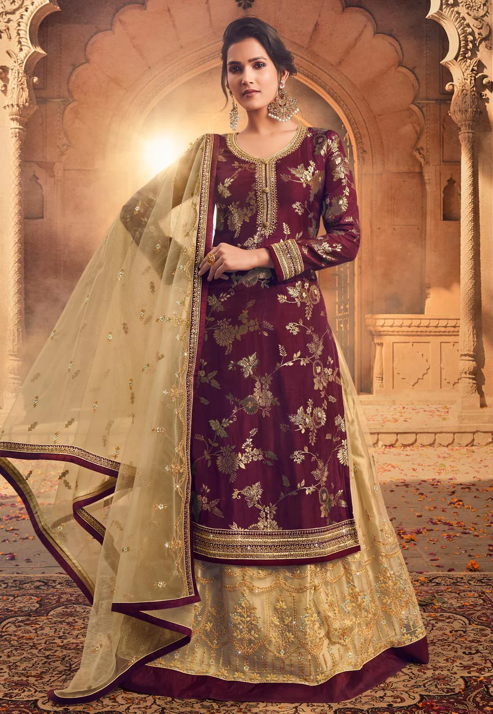 Maroon Zari Embroidered Lehenga Style Suit