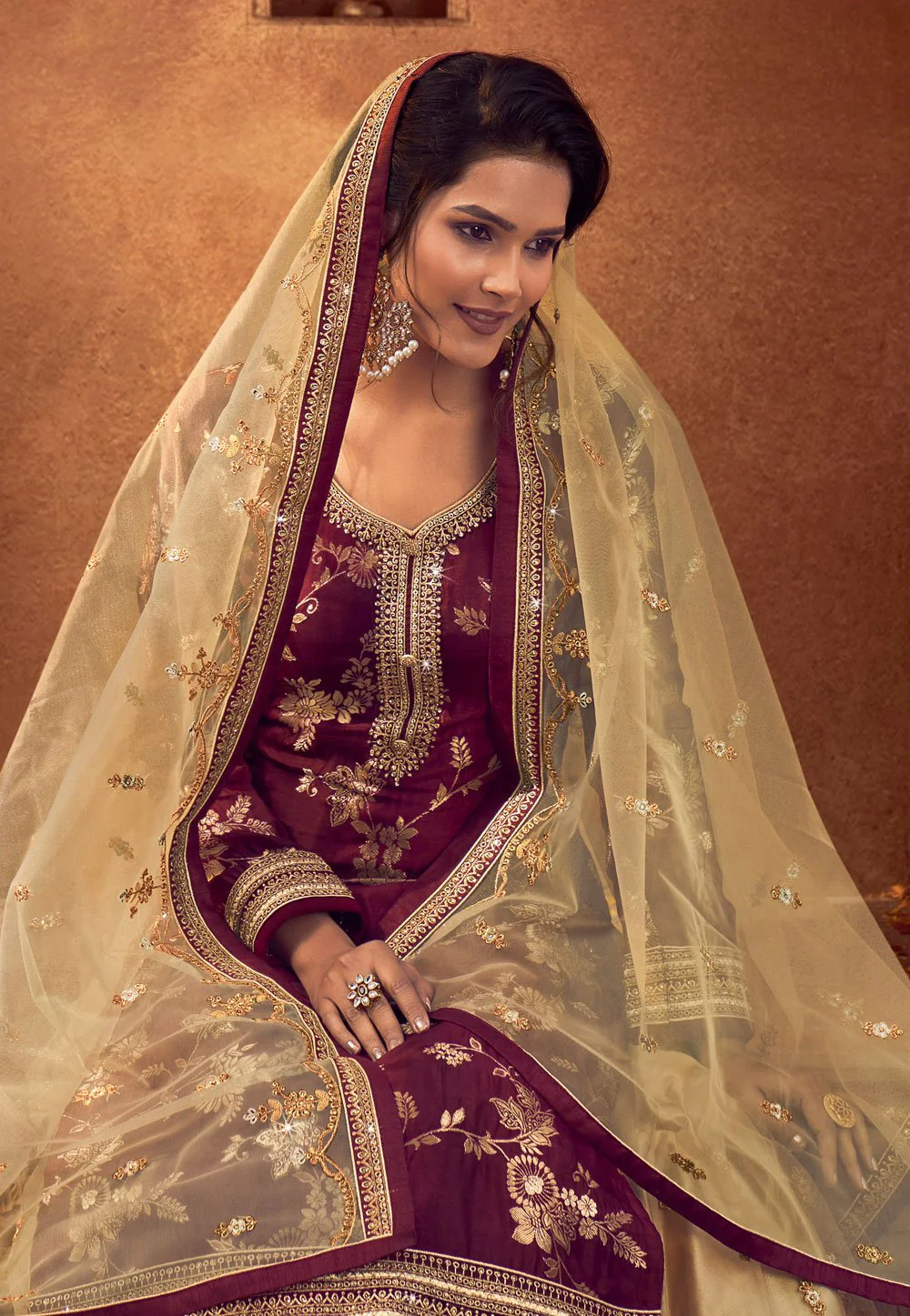 Maroon Zari Embroidered Lehenga Style Suit - Image 2