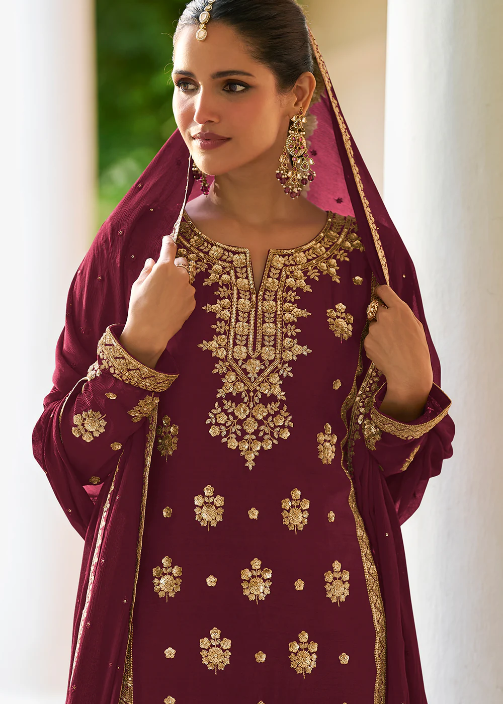 Maroon Chinnon Silk Sequins Work Ethnic Palazzo Suit - Image 2