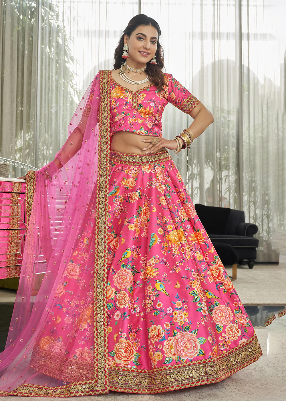 Marvelous Deep Pink Art Silk Floral Printed Lehenga Choli - Image 4