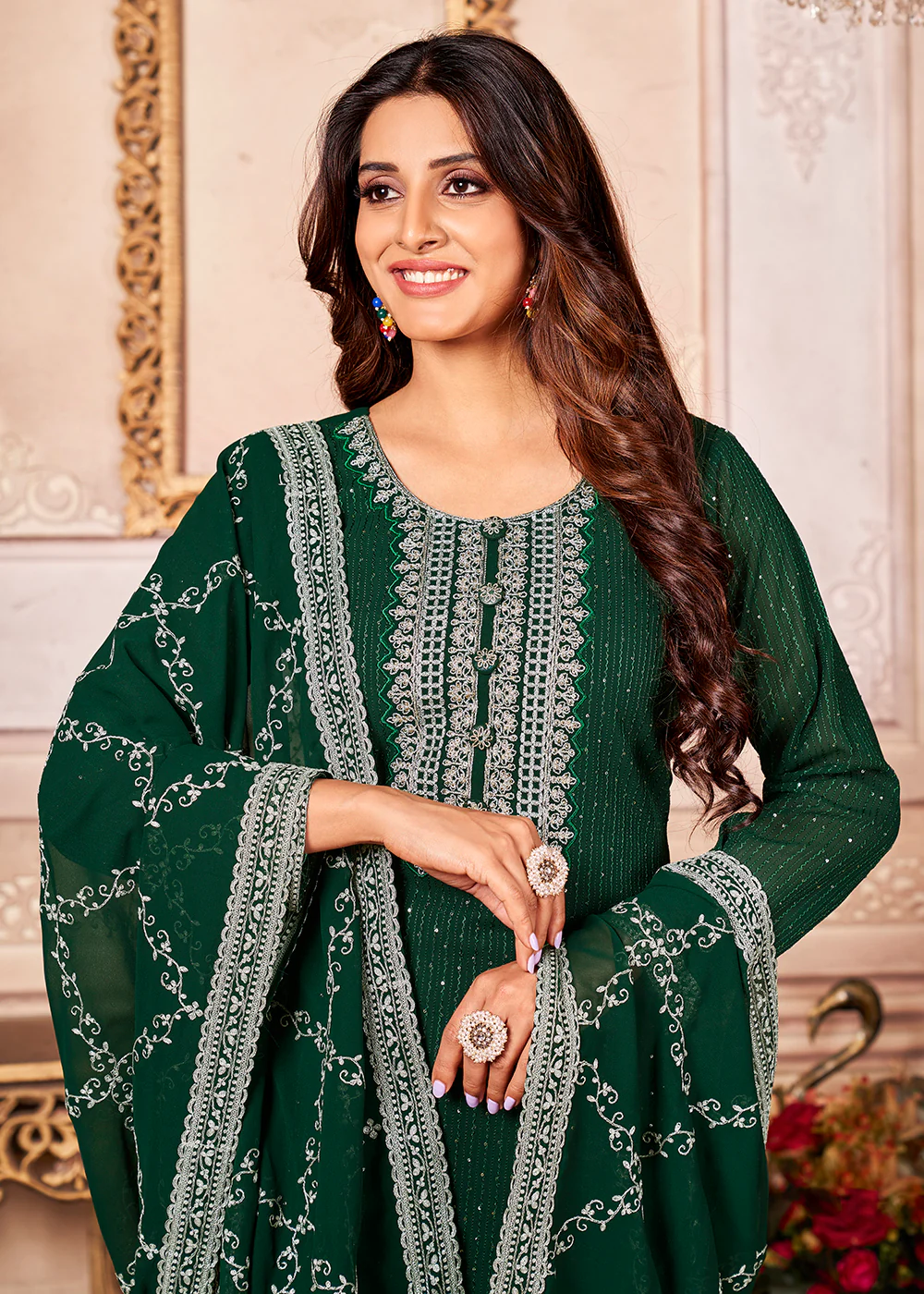 Marvelous Green Indian Georgette Ceremonial Salwar Suit - Image 2