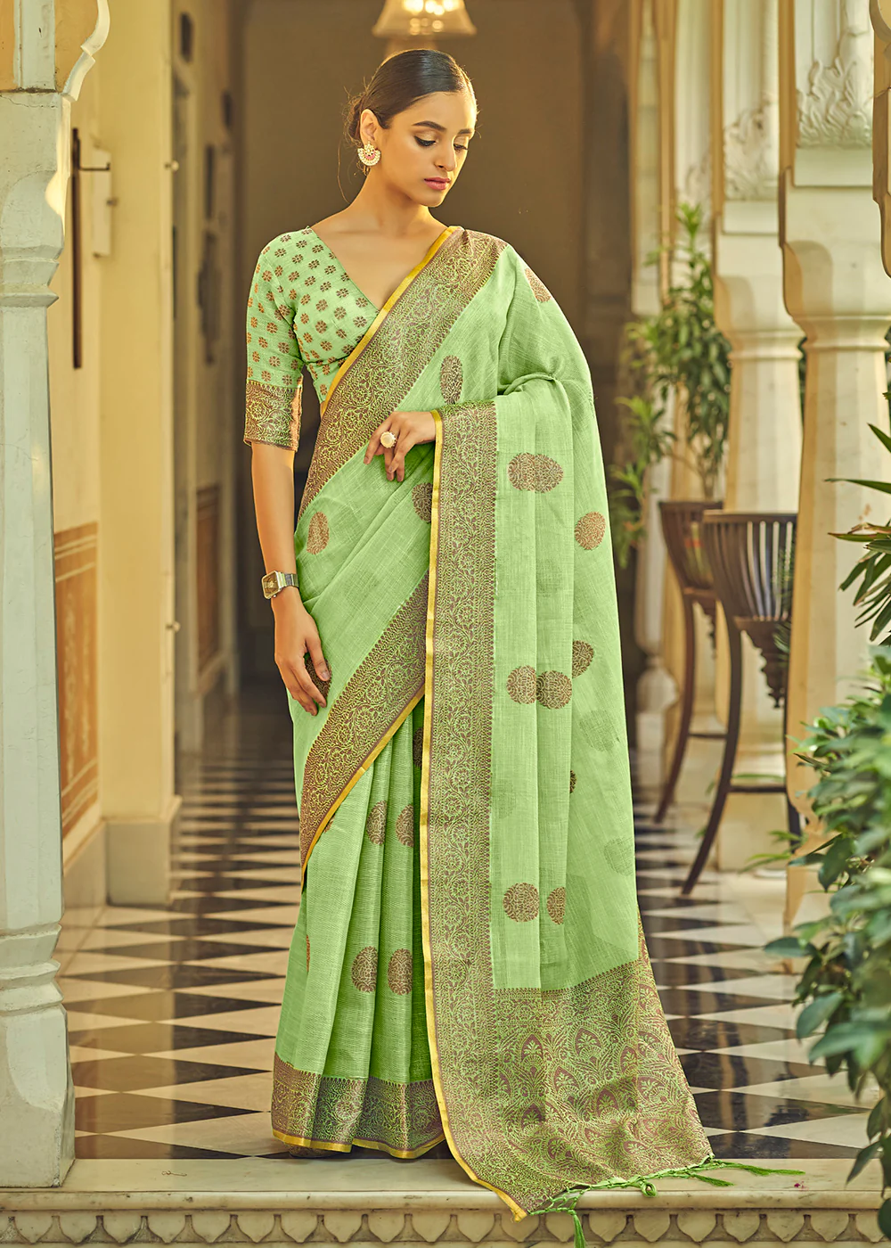 Marvelous Lime Green Soft Linen Weaving Saree with Belt