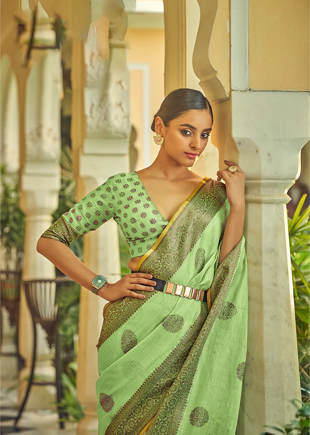 Marvelous Lime Green Soft Linen Weaving Saree with Belt - Image 3