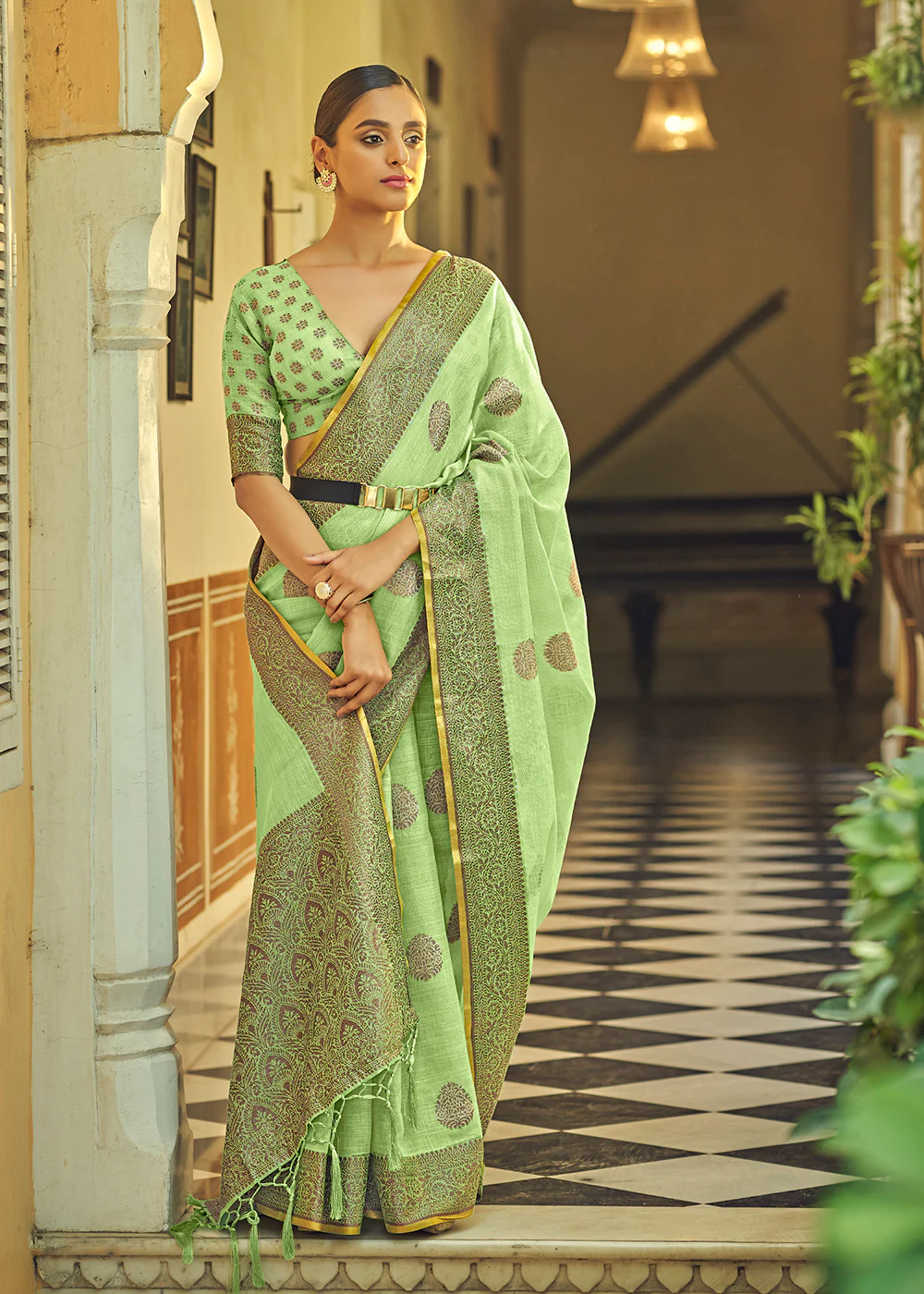 Marvelous Lime Green Soft Linen Weaving Saree with Belt - Image 4