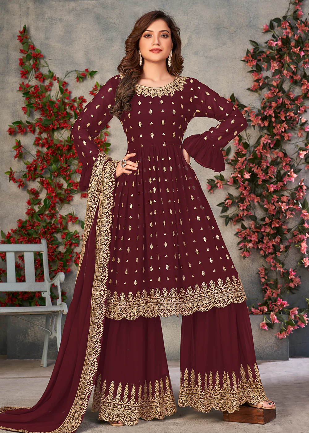 Marvelous Maroon Georgette Sangeet Wear Sharara Suit