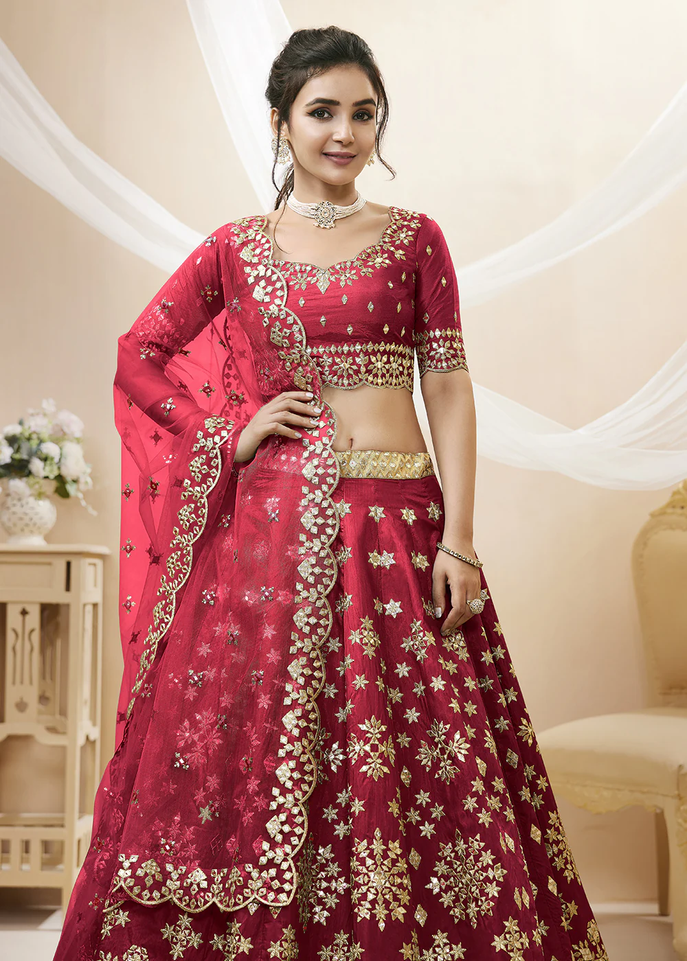 Marvelous Red Art Silk Embroidered Reception Wear Lehenga Choli - Image 3