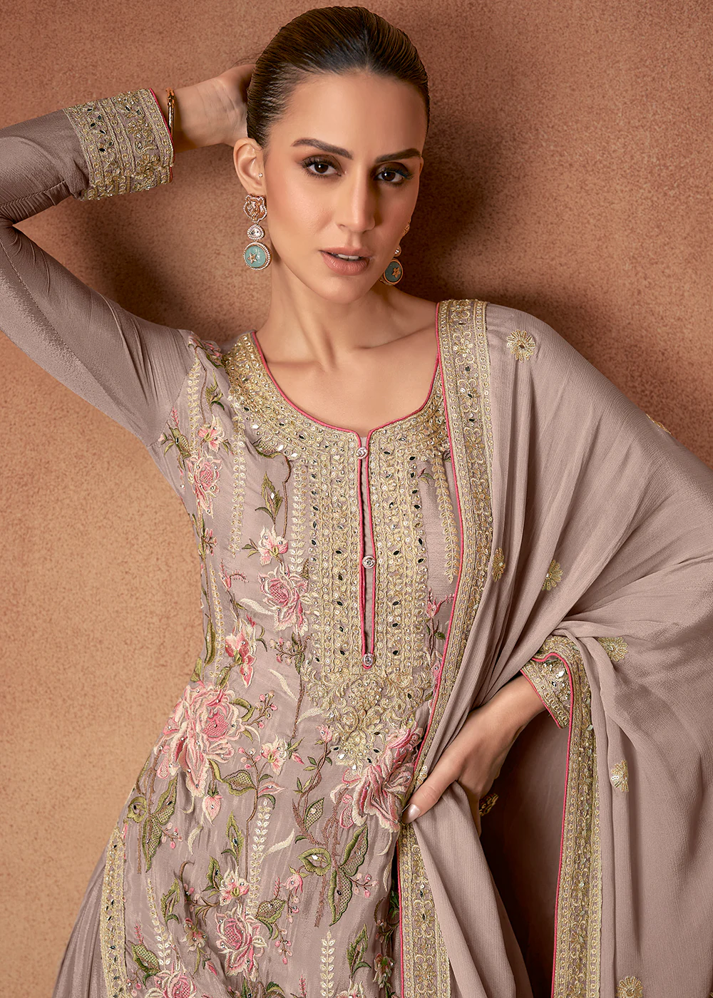 Mauve Beige Floral Embroidered Designer Palazzo Suit - Image 2