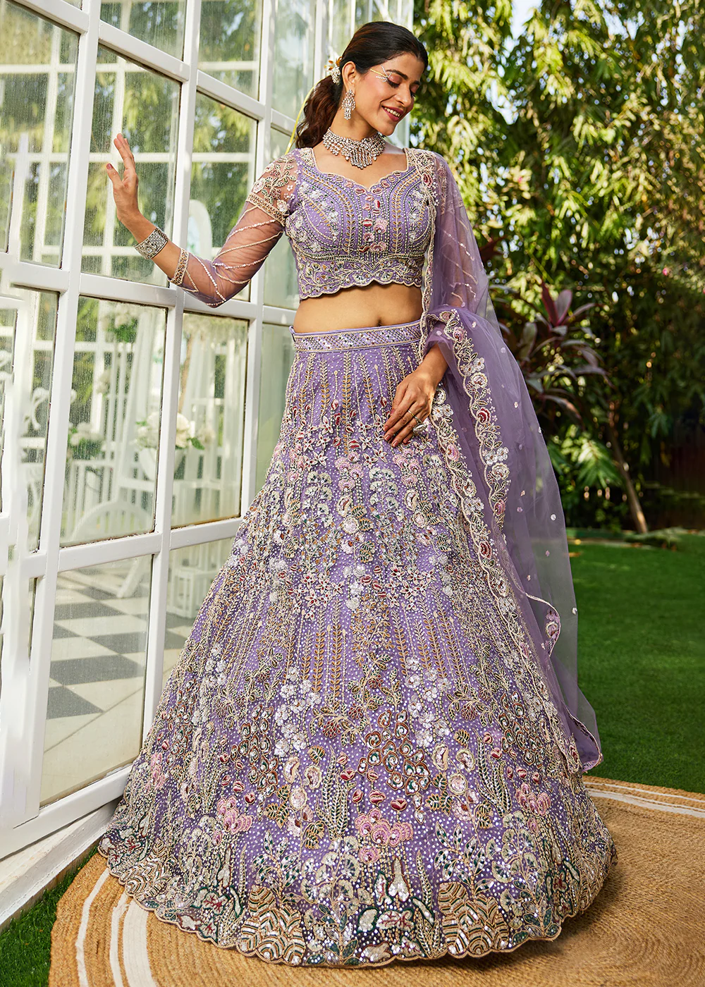 Mauve Cording & Zarkan Embroidered Net Lehenga Choli