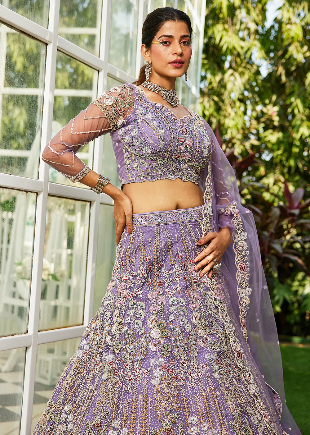 Mauve Cording & Zarkan Embroidered Net Lehenga Choli - Image 2