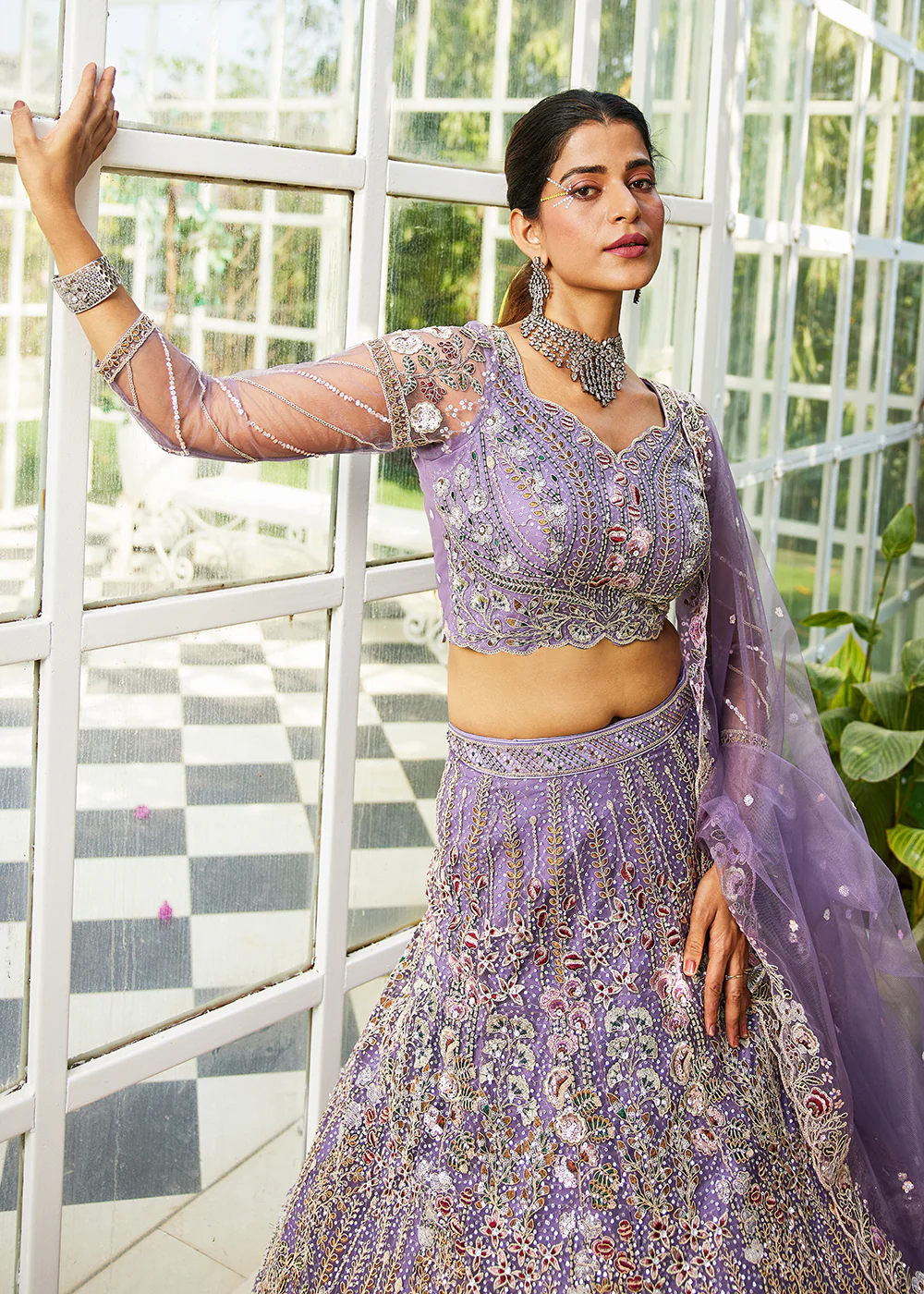 Mauve Cording & Zarkan Embroidered Net Lehenga Choli - Image 4