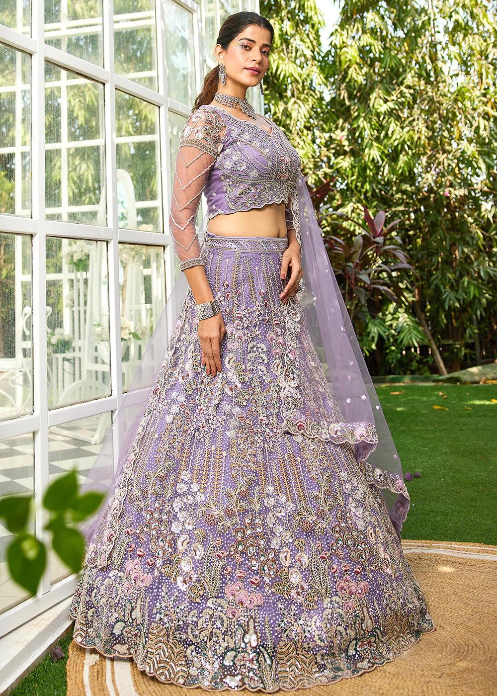 Mauve Cording & Zarkan Embroidered Net Lehenga Choli - Image 5