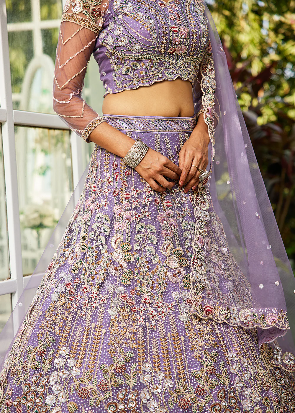 Mauve Cording & Zarkan Embroidered Net Lehenga Choli - Image 6