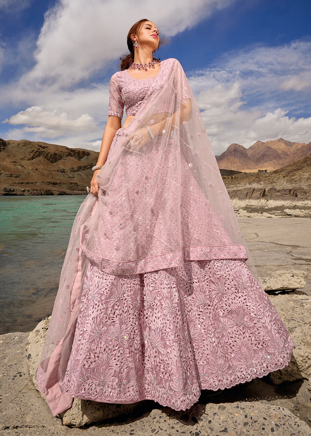 Mauve Embroidered Pure Organza Designer Bridal Lehenga Choli - Image 4