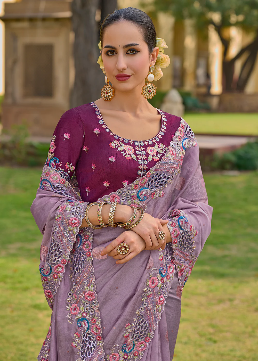 Mauve Fancy Tissue Organza Silk Designer Saree - Image 2