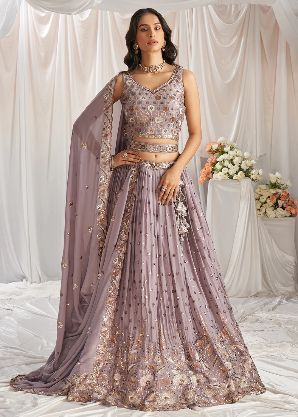 Mauve Georgette Cording Threads Embroidered Lehenga Choli