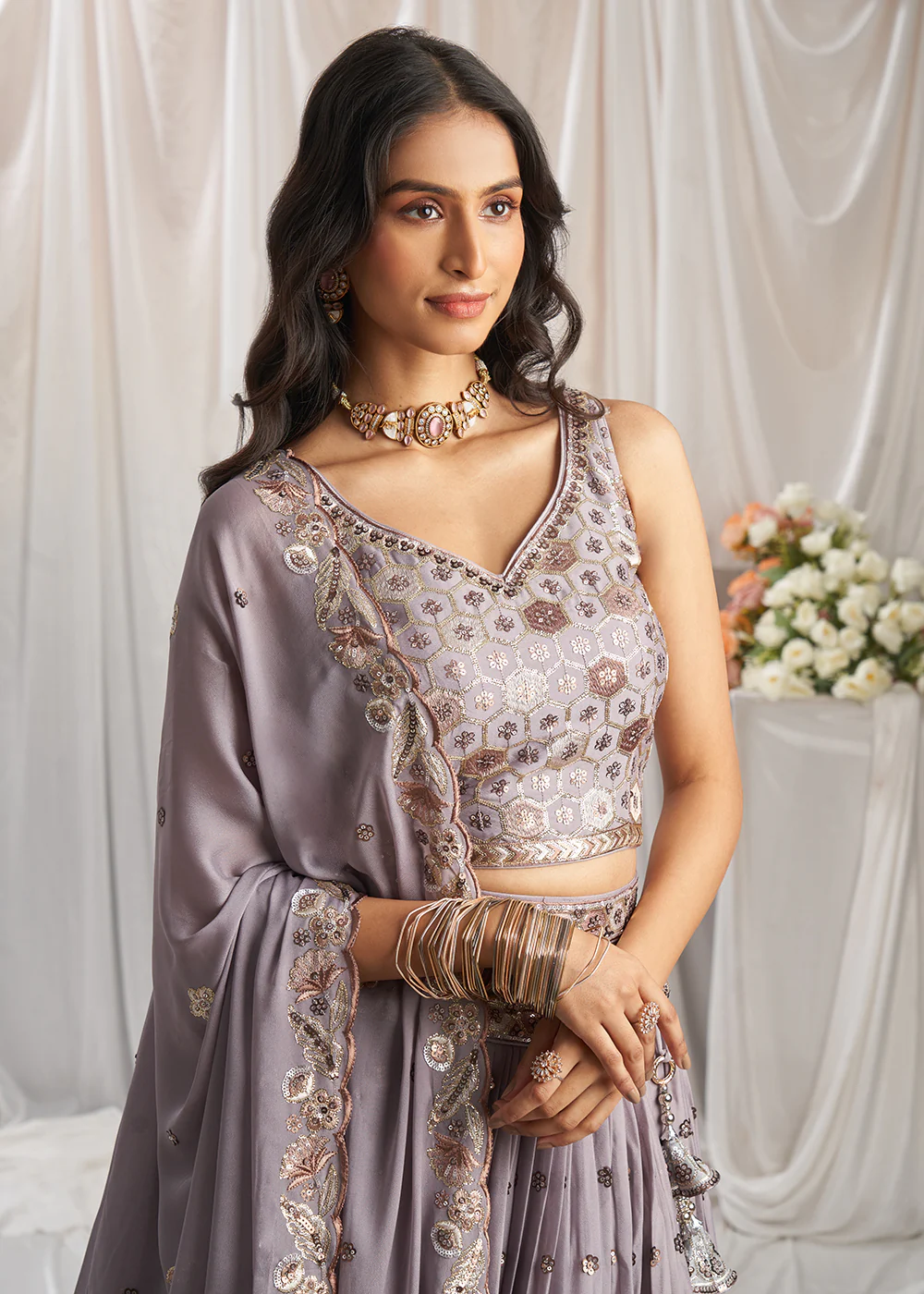 Mauve Georgette Cording Threads Embroidered Lehenga Choli - Image 2