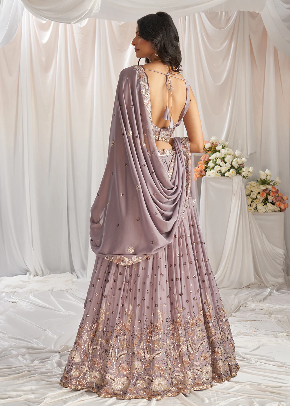 Mauve Georgette Cording Threads Embroidered Lehenga Choli - Image 3