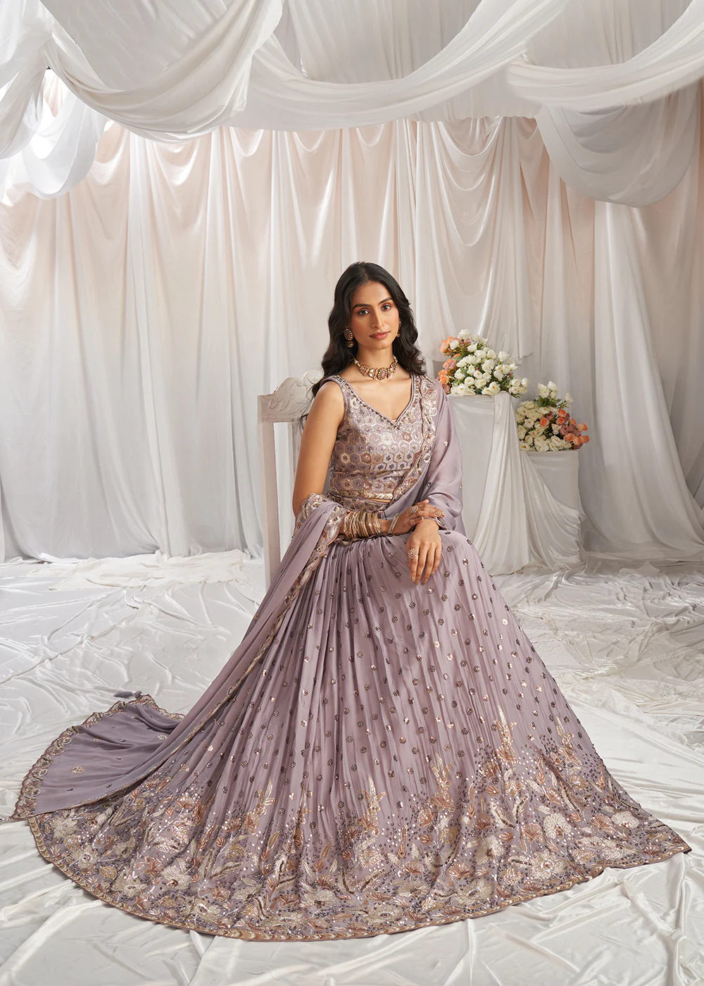 Mauve Georgette Cording Threads Embroidered Lehenga Choli - Image 4