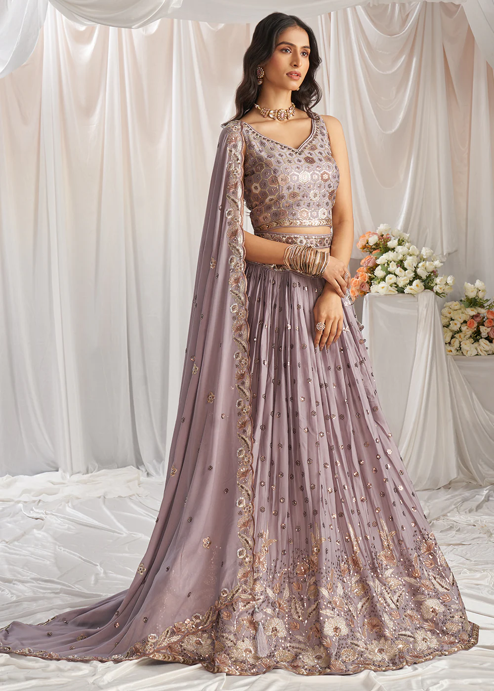 Mauve Georgette Cording Threads Embroidered Lehenga Choli - Image 5