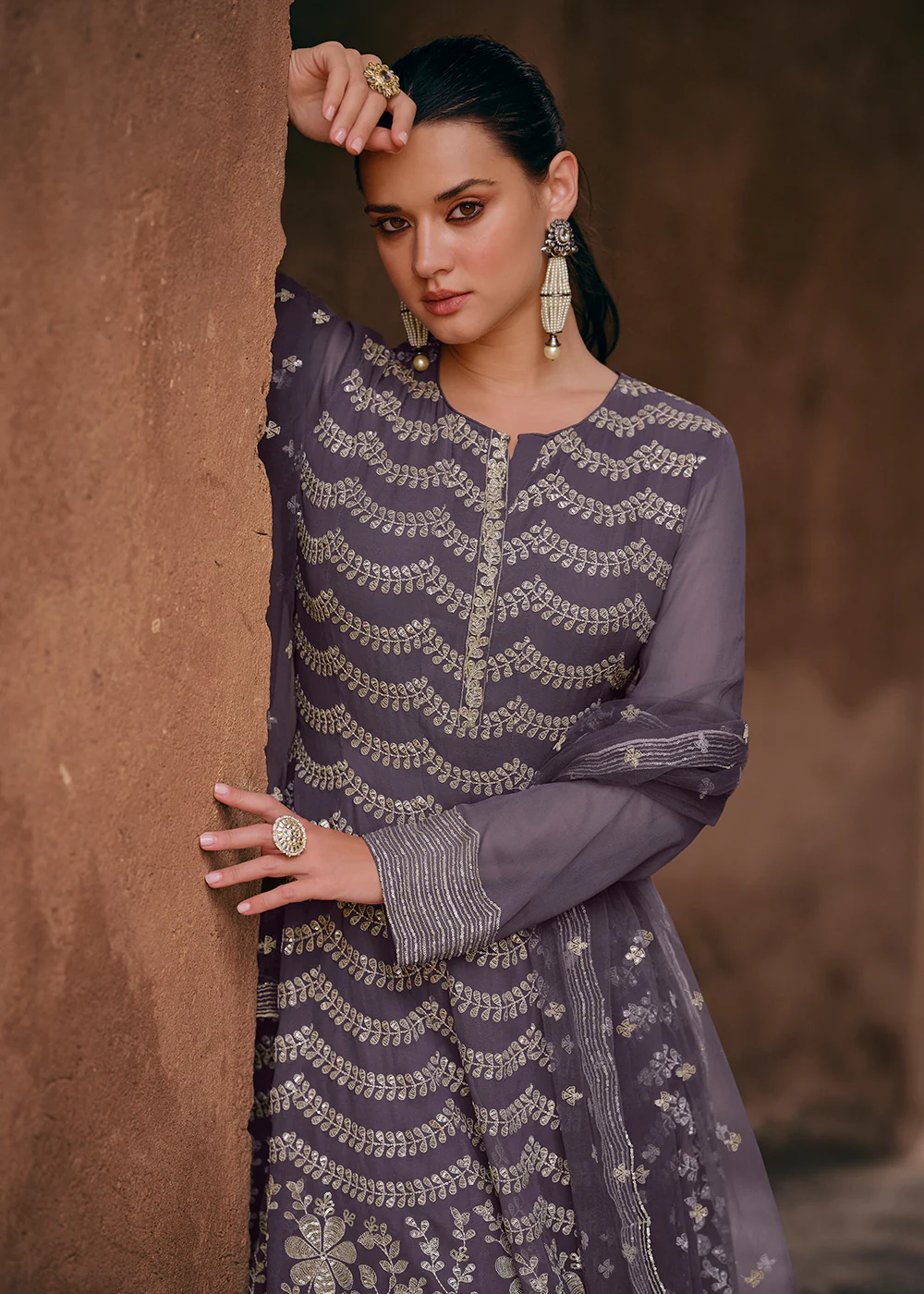 Mauve Georgette Designer Style Embroidered Sharara Suit - Image 2
