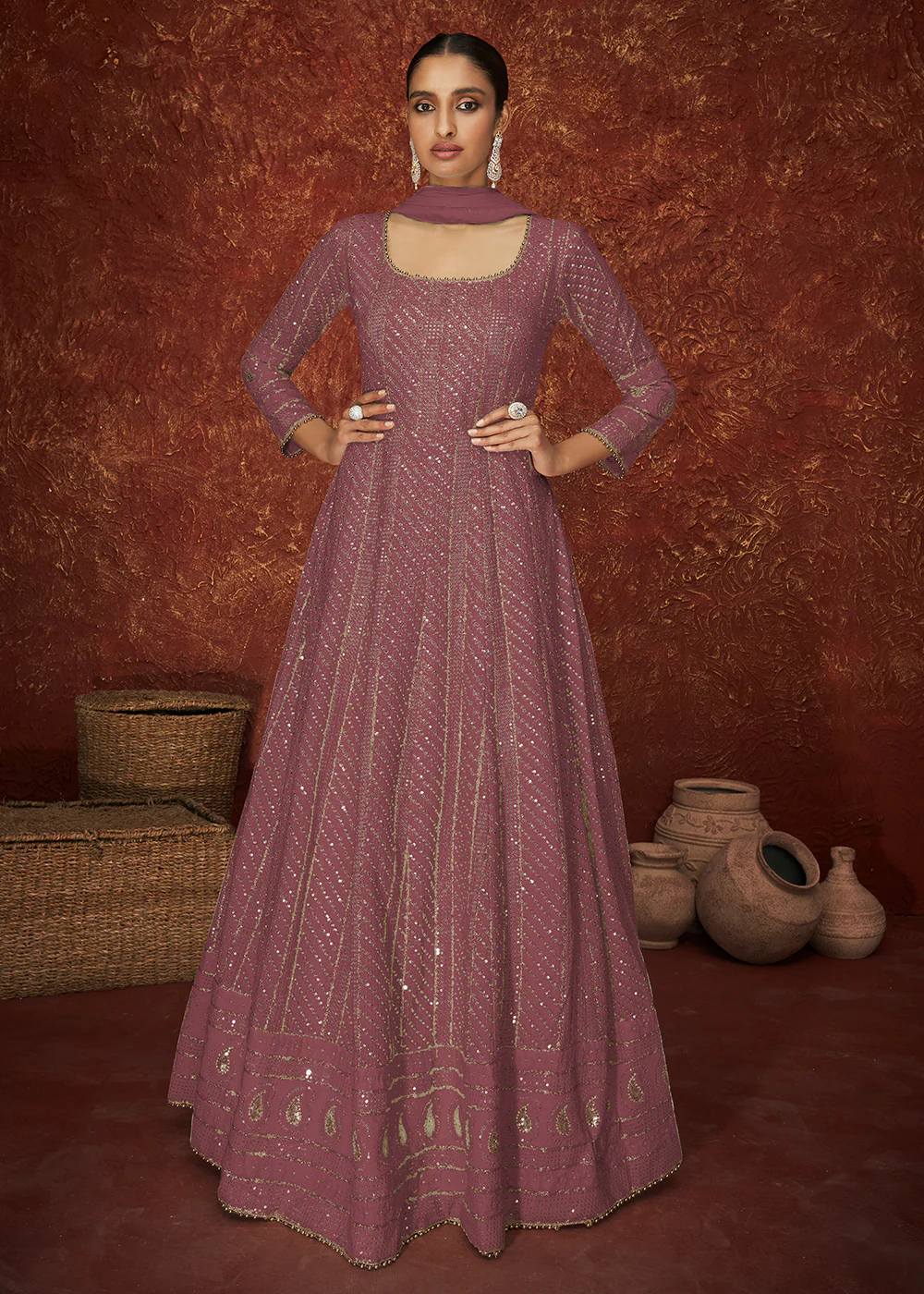 Mauve Georgette Long Embroidered Anarkali Suit