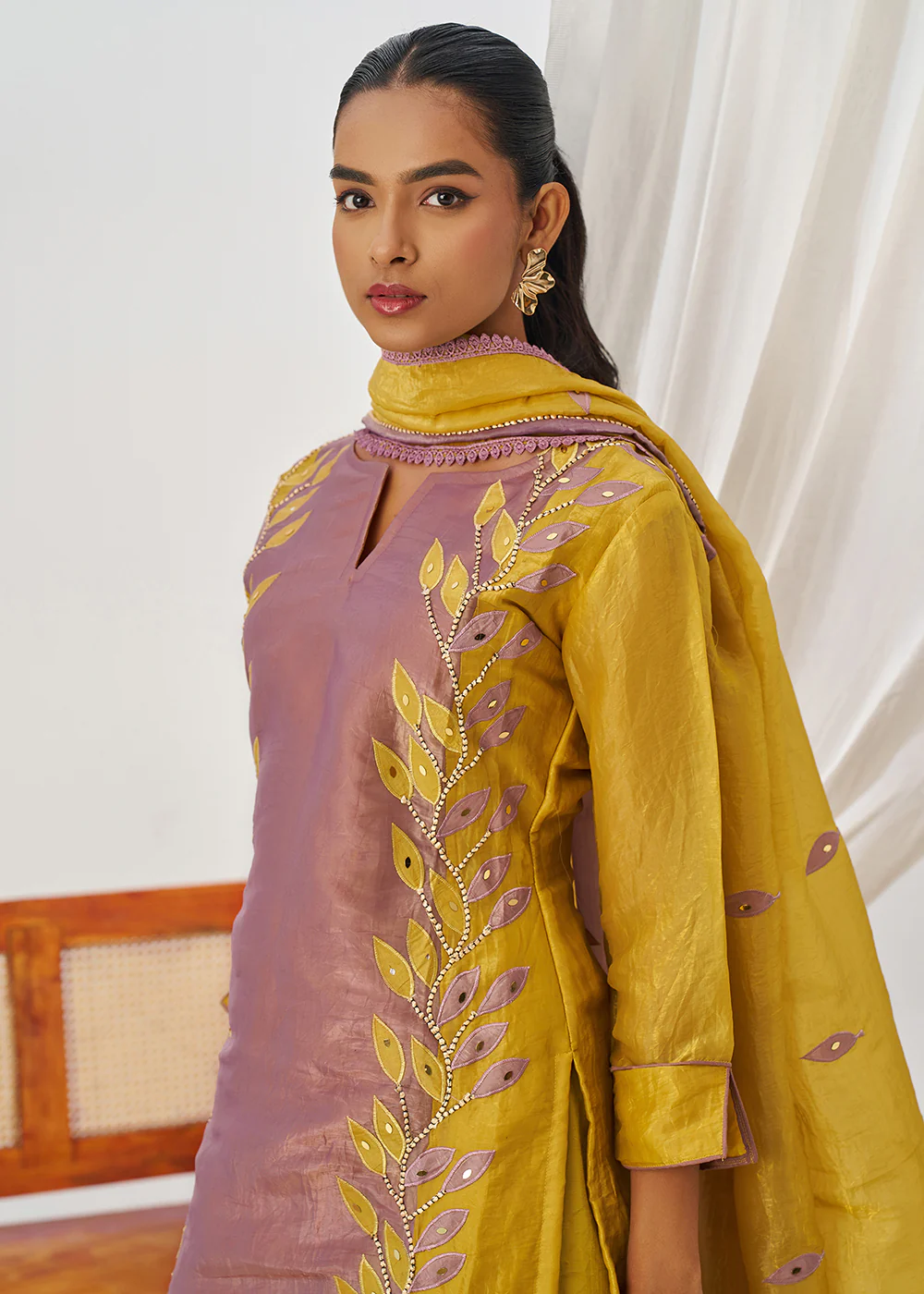 Mauve & Mustard Fancy Crush Pant Style Salwar Suit - Image 2