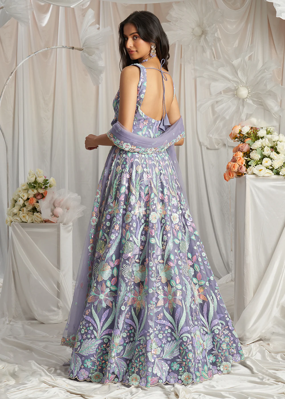 Mauve Net Floral Embroidered Designer Lehenga Choli - Image 3
