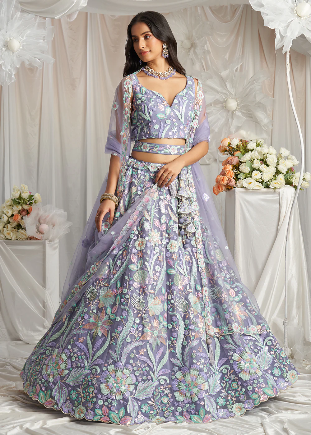 Mauve Net Floral Embroidered Designer Lehenga Choli - Image 4