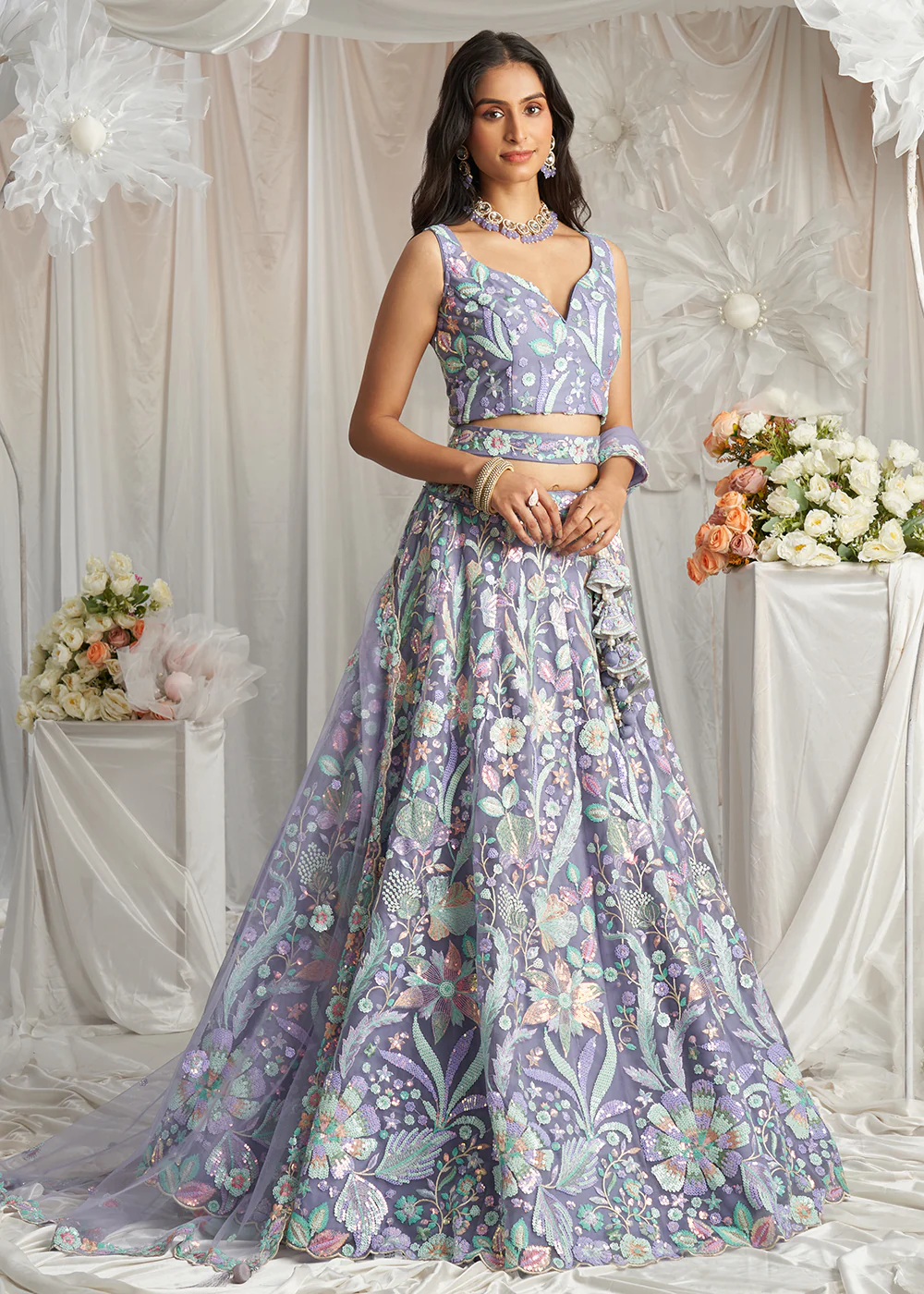 Mauve Net Floral Embroidered Designer Lehenga Choli - Image 5