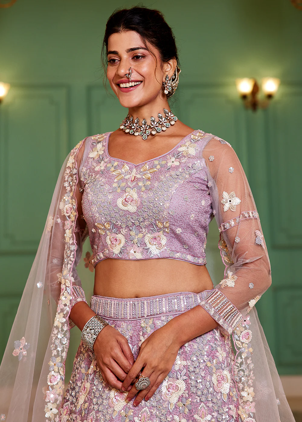 Mauve Net Sequins & Zarkan Embroidered Bridal Lehenga Choli - Image 2