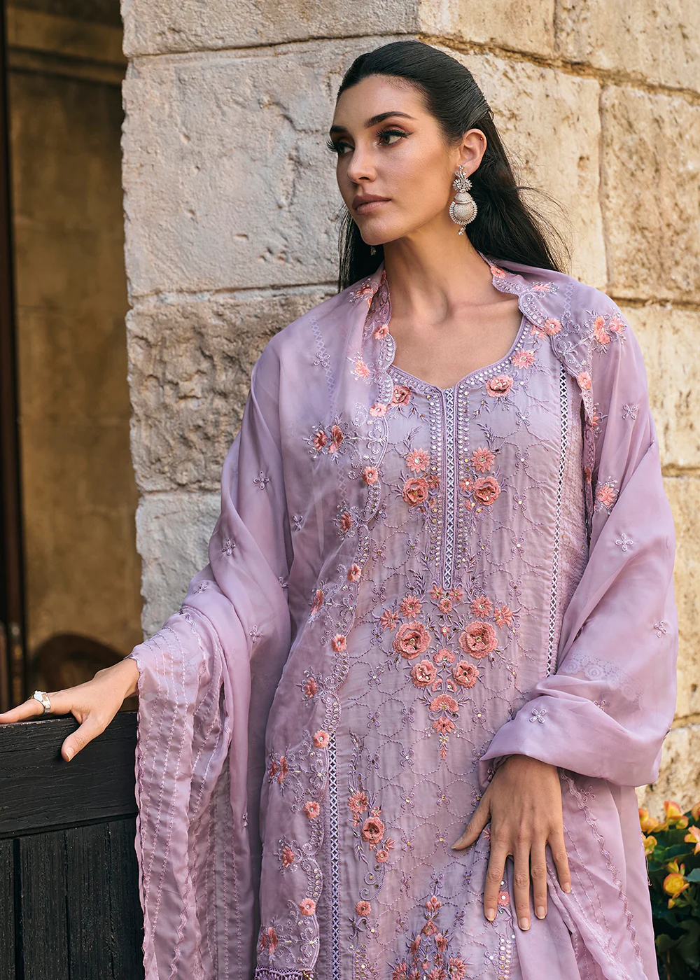 Mauve Organza Fancy Khatli Embroidered Pant Style Salwar Suit - Image 2