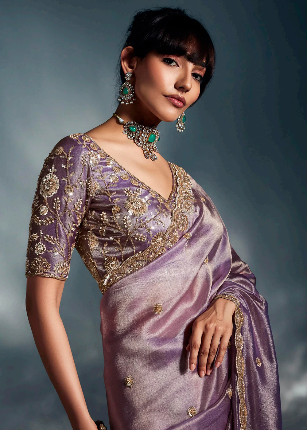 Mauve Organza Khatli Work Designer Party Saree - Image 2