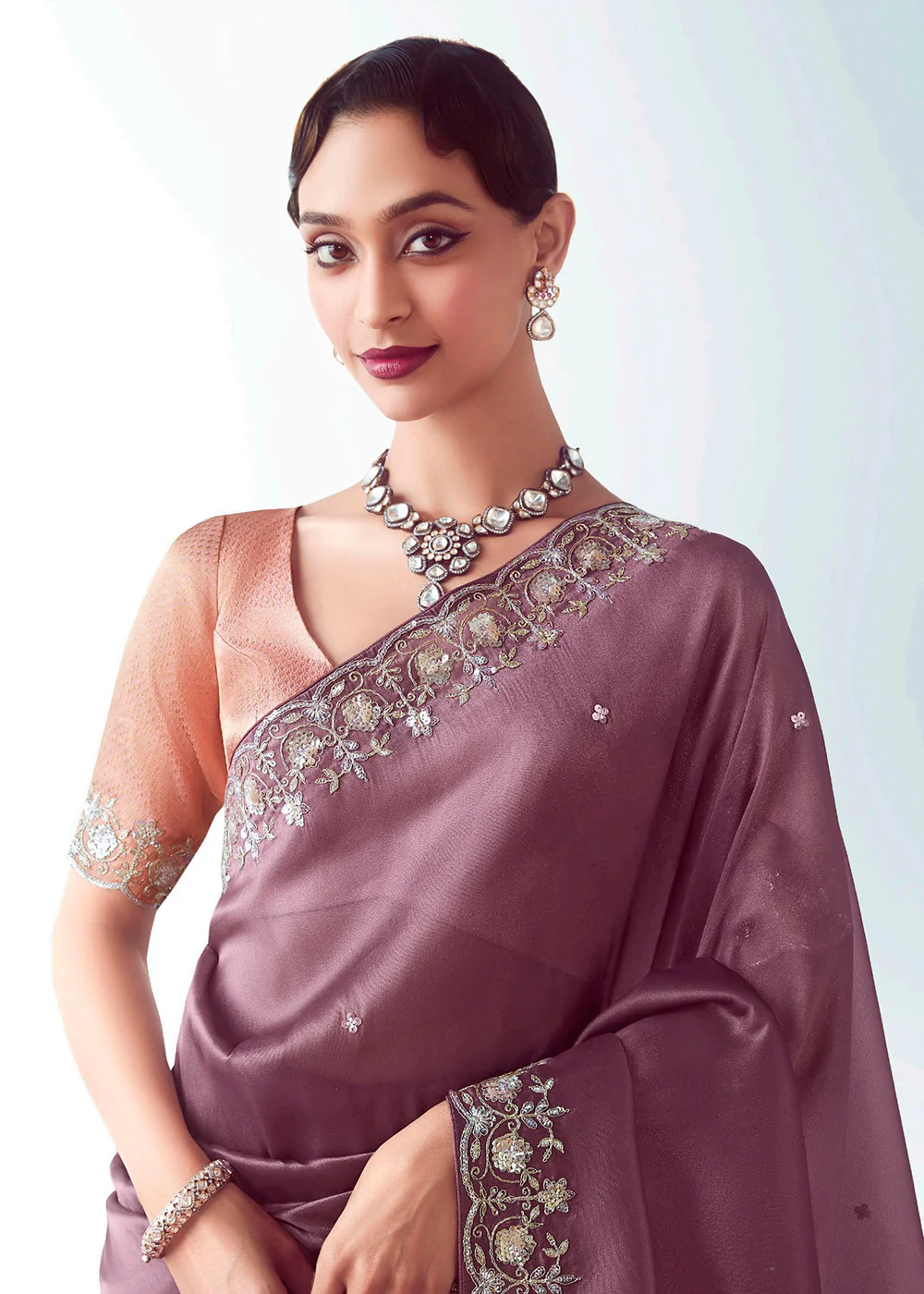 Mauve & Peach Fancy Fabric Embroidered Designer Saree - Image 2