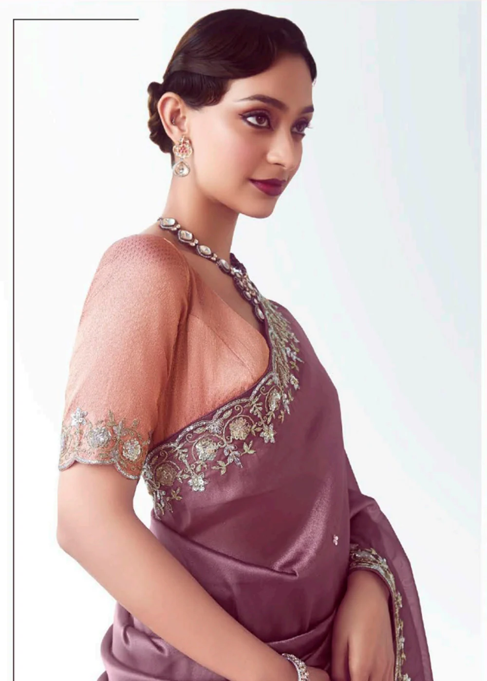 Mauve & Peach Fancy Fabric Embroidered Designer Saree - Image 3