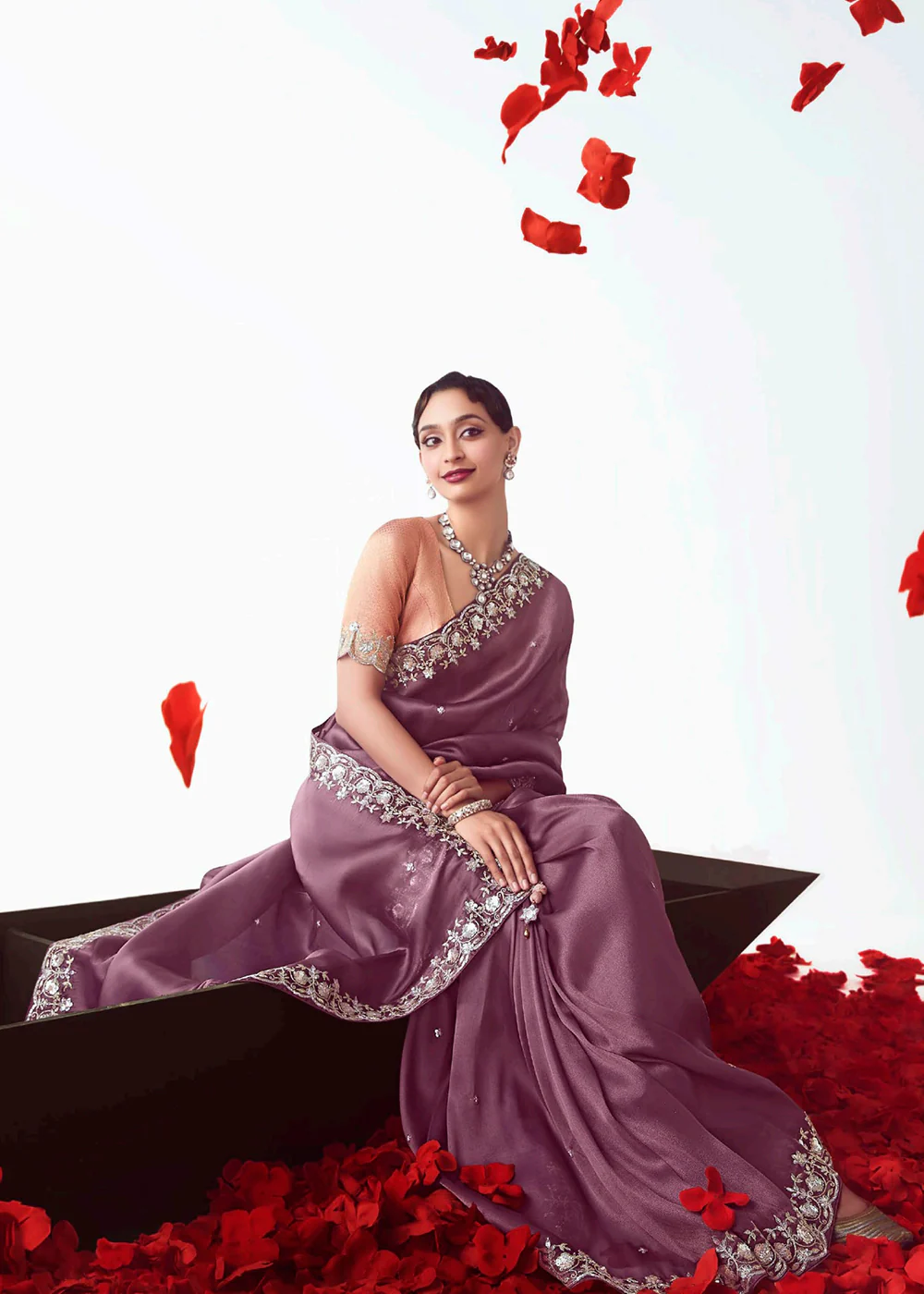 Mauve & Peach Fancy Fabric Embroidered Designer Saree - Image 4