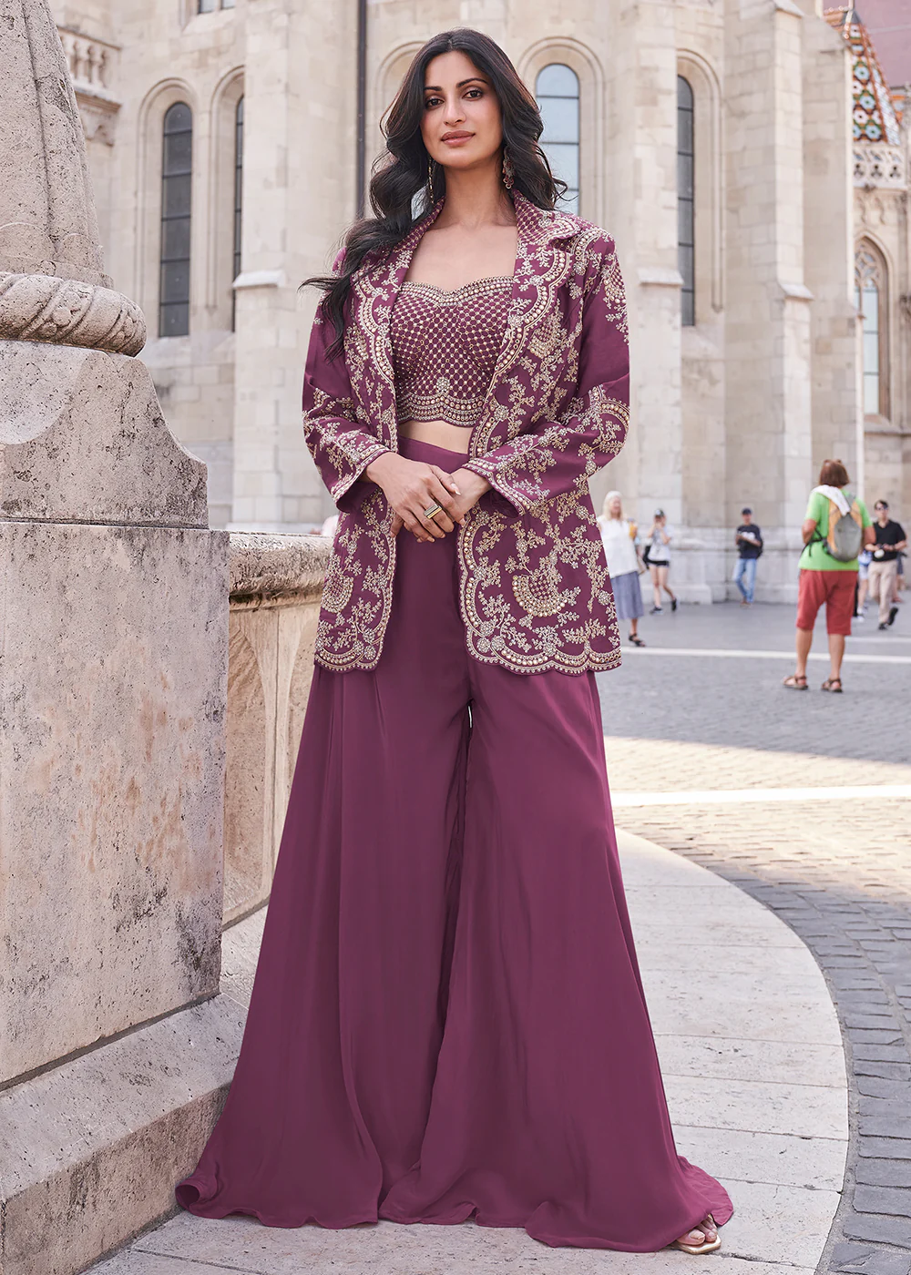 Mauve Pink Embroidered Jacket Style Indo Western Suit