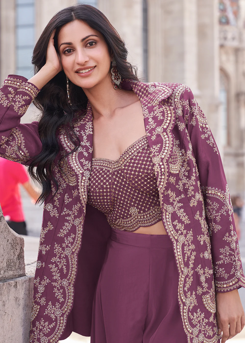 Mauve Pink Embroidered Jacket Style Indo Western Suit - Image 2