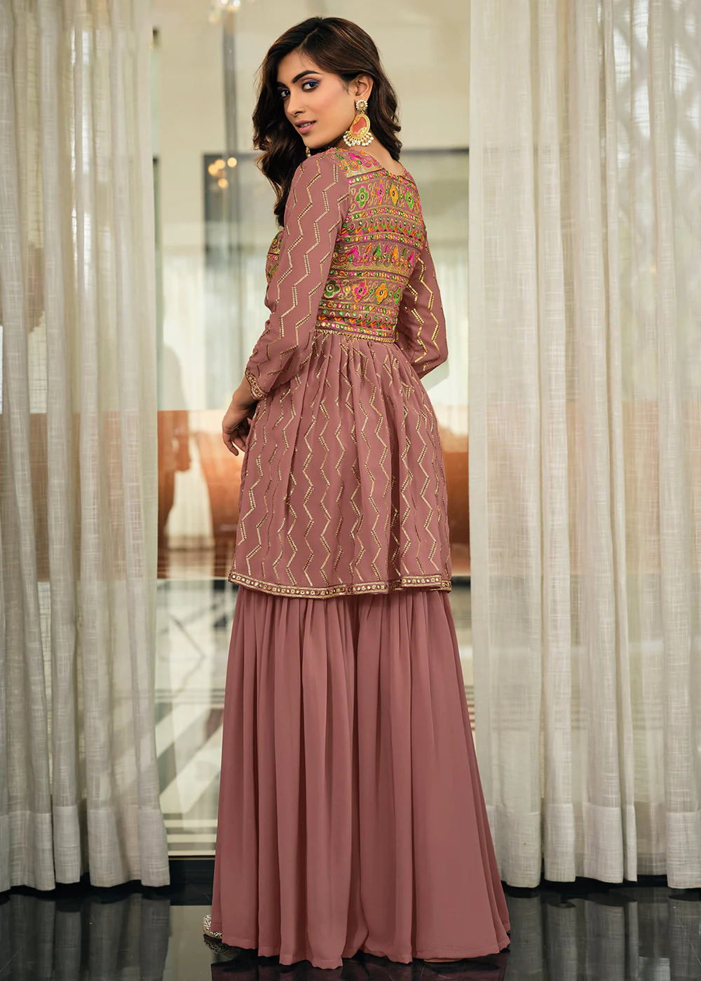 Mauve Pink Festive Wear Georgette Palazzo Salwar Suit - Image 3