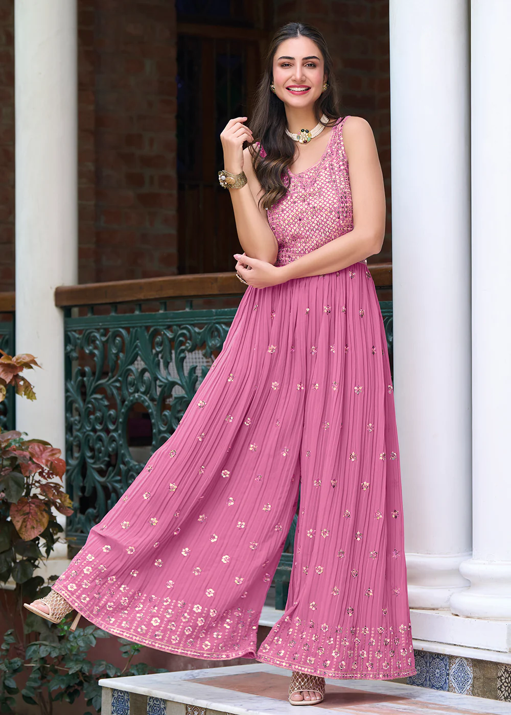 Mauve Pink Indo-Western Embroidered Georgette Jumpsuit - Image 3
