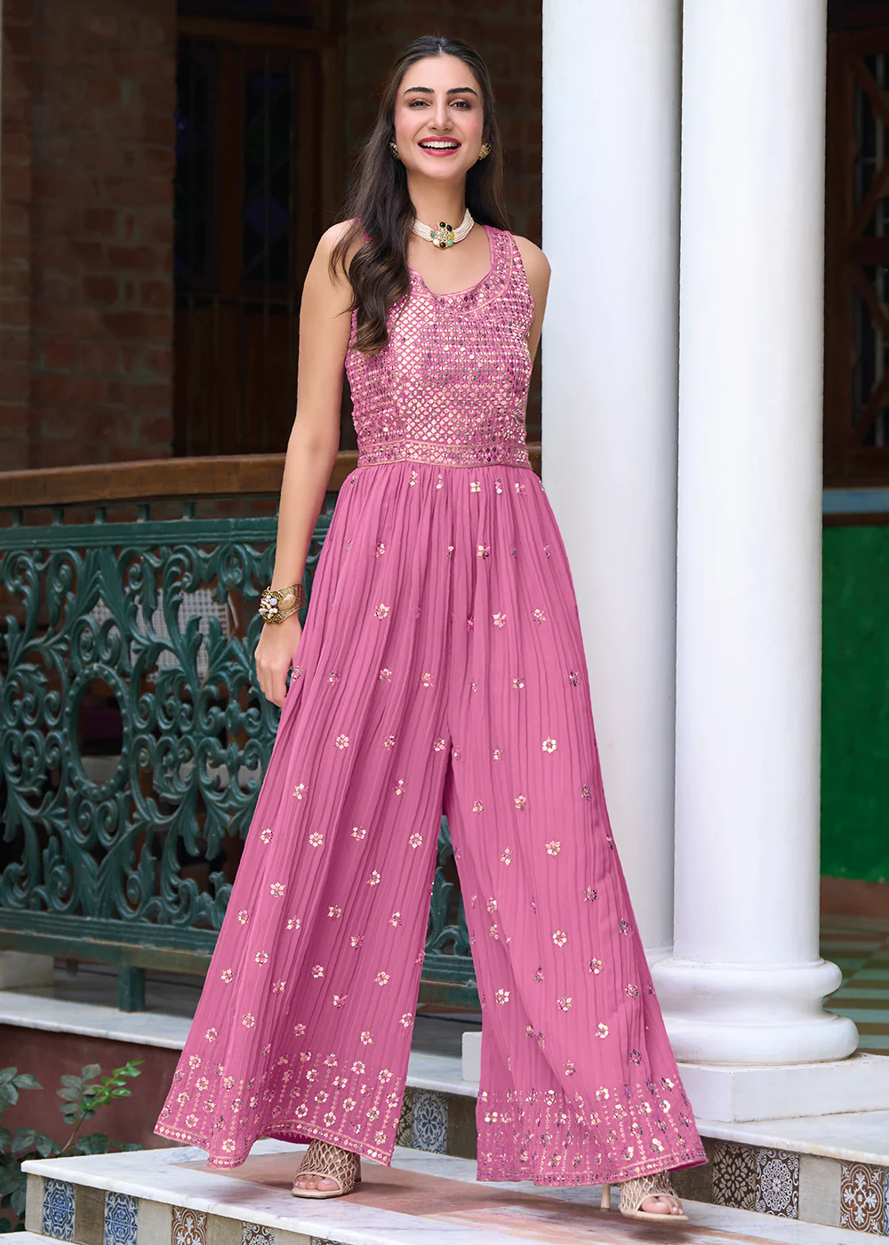 Mauve Pink Indo-Western Embroidered Georgette Jumpsuit - Image 4