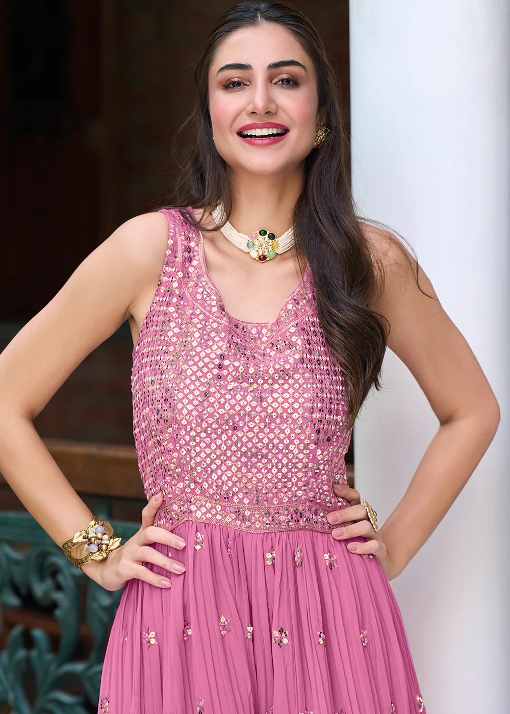 Mauve Pink Indo-Western Embroidered Georgette Jumpsuit - Image 5