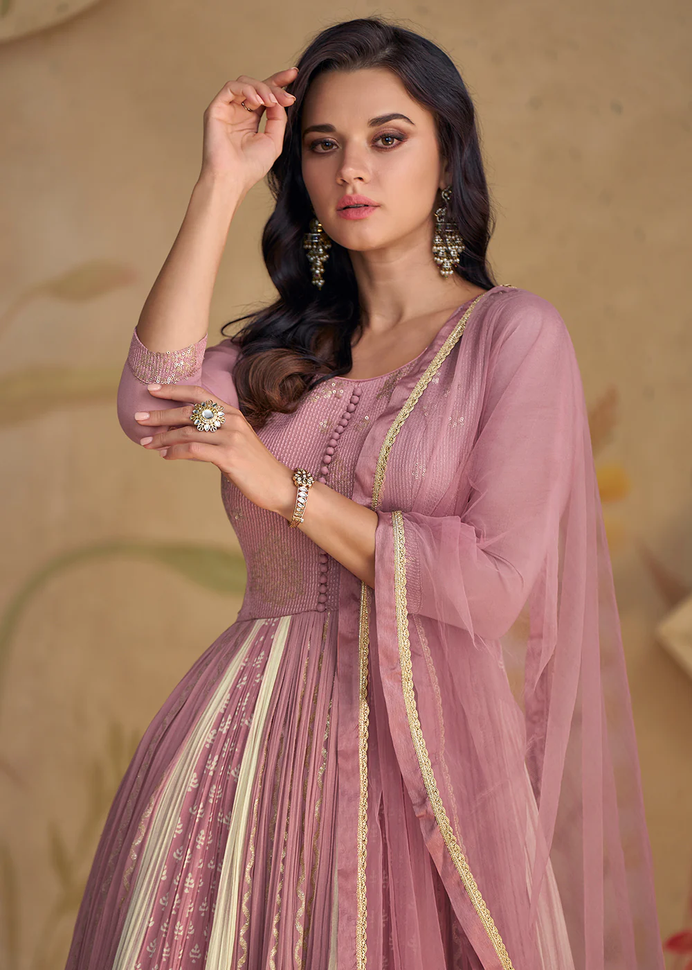 Mauve Pink Sequins & Thread Wedding Festive Anarkali Dress - Image 2